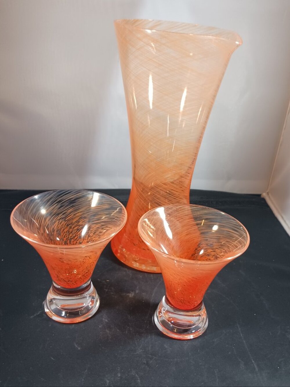 Dansk Orange Swirl MCM Style Pitcher/ Decanter & 2 Martini Cocktail Glasses